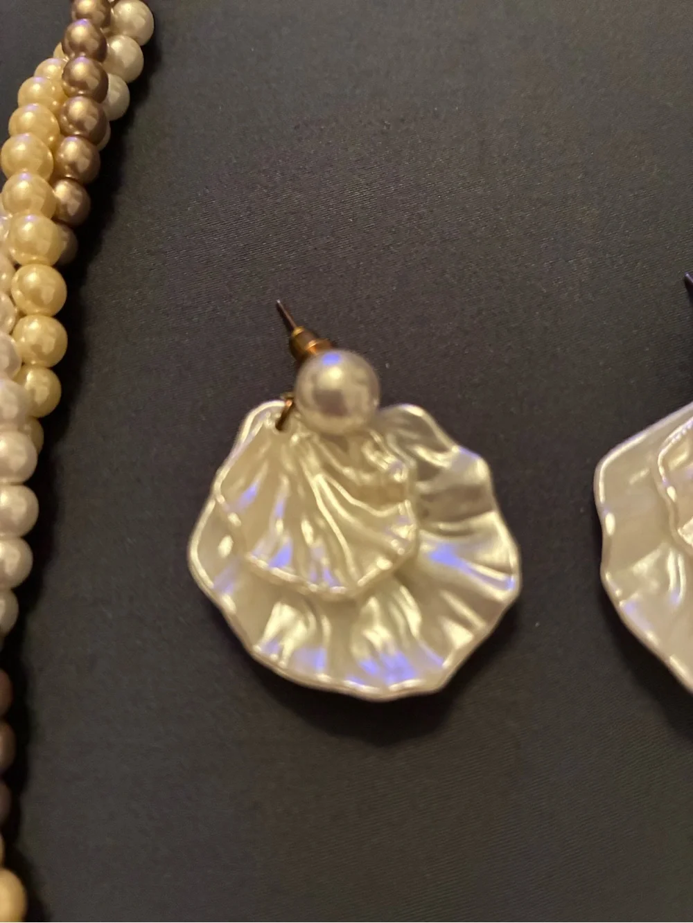 Pearl-Effect Shell Drop Earrings and matching tri-color pearl-effect necklace